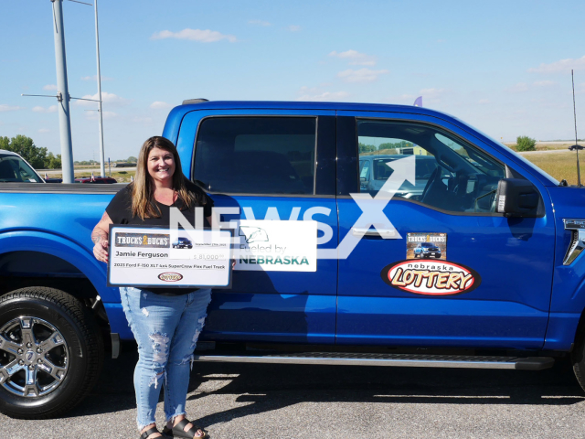 Jamie Ferguson from the city of Pocahontas, Iowa State, USA, poses in undated photo. She was presented with her new truck at Anderson Ford in Lincoln on Wednesday, Sep. 27, 2023. Note: Licensed content. (Nebraska Lottery/Newsflash)