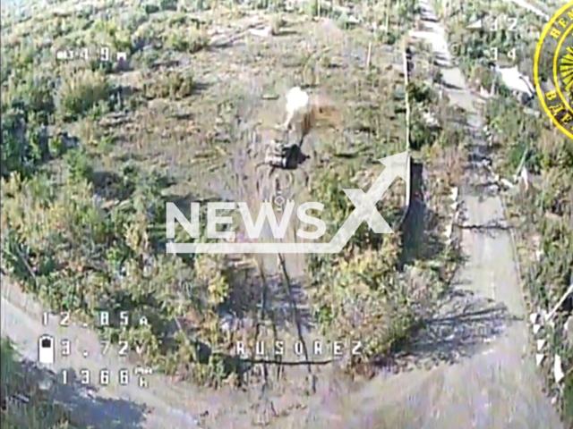 Ukrainian FPV drone heads at the Russian tank on the frontline in Ukraine in undated footage. The footage was released by the 36th separate marine brigade on Monday, Oct. 2, 2023.
Note: Photo is screen from a video. (@36obmp/Newsflash)