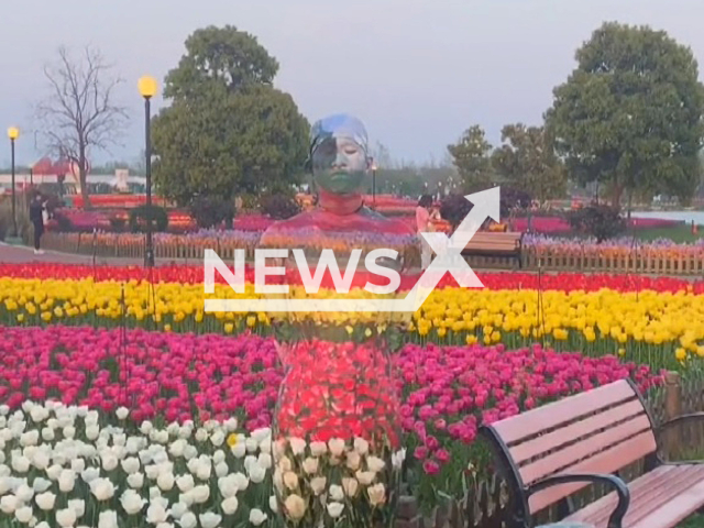 Man paints himself to perfectly integrate with the background in Jinan, China. Note: Picture is a screenshot from a video (hh58585/AsiaWire)