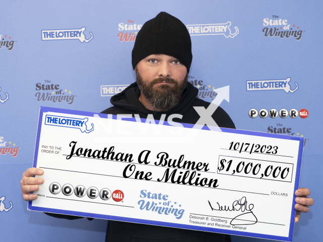 Photo shows Jonathan Bulmer, undated. The man from Chester, New Hampshire won  $1 million prize on a Powerball ticket.
Note: Licensed photo(Massachusetts Lottery/Newsflash).