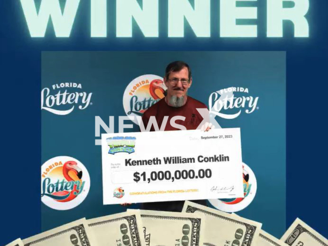 Kenneth Conklin, 51, poses with his prize winning check, undated. He claimed a USD 1 million (GBP 822,450) on  the USD 5,000,000 TRIPLE MATCH Scratch-Off.
 
Note: Licensed photo (Florida Lottery/Newsflash)