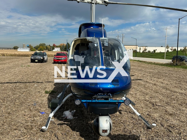 Picture shows the news helicopter after the accident, undated.
A a bird struck the helicopter   and the pilot in the face, forcing him to land in a field in Pleasant Prairie,  Wisconsin, USA, on Wednesday, Oct. 18, 2023. Note: Fire department photo. (@PleasantPrairieFireWI/Newsflash)