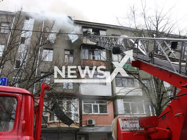 Rescuers working on the fires caused from the Russian Shelling on residential buildings in Kharkiv, in April 2022.
Note: Government photo(SES of Ukraine/Newsflash).