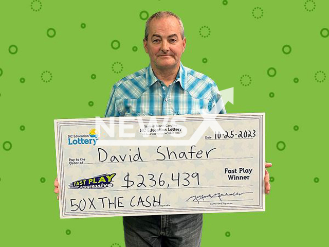 Photo shows David Shafer, undated. The Benson resident won $236,439 Fast Play jackpot.
Note: Licensed photo(NC Education Lottery/Newsflash).