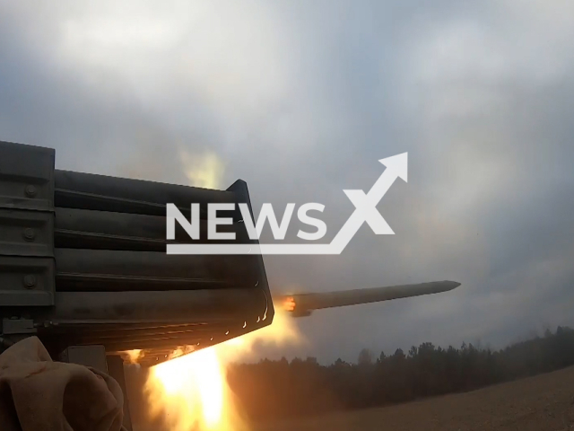 Russian MLRS "Grad" fire rockets at Ukrainian military positions in the Kupiansk direction in Ukraine in undated footage. The footage was released by the Russian MoD on Monday, Oct. 30, 2023.
Note: This picture is a screenshot from the video. (Russian Ministry of Defence/Newsflash)