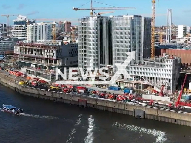 Image shows the construction site in Hamburg, Germany, undated photo. At least three people lost their lives after a scaffolding fell down a shaft on Monday, Oct. 30, 2023. Note: Photo is a screenshot from a video. (Newsflash)