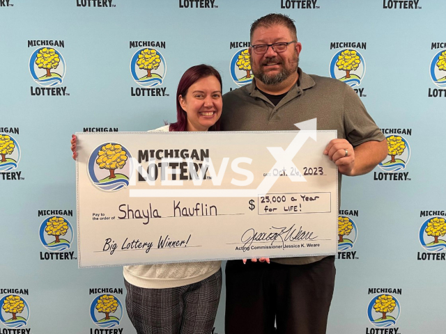 Photo shows Shayla Kauflin (left) and her husband David Kauflin (right), undated. The Macomb County woman is taking her family to Disney after she won $25,000 a year for life on the Michigan Lottery.
Note: Licensed photo(Michigan Lottery/Newsflash).