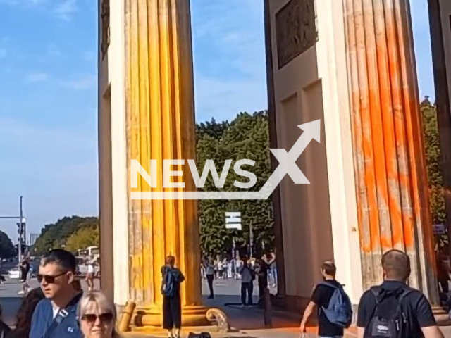 Picture shows the painted Brandenburg Gate in Berlin, Germany, undated. The costs for the cleaning work are amounting to 35,000 euros. Note: Image is a screenshot from video. (Newsflash)