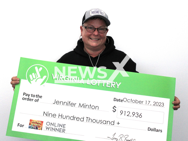 Jennifer Minton won two big lottery prizes in two weeks from the same game. She won USD 912,936 (GBP 752,000) playing Virginia Lottery's Safari Quest online game on Oct. 17, 2023. Note: Licensed content. (Virginia Lottery/Newsflash)