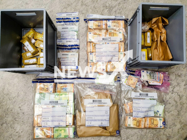 Image shows the seized EUR 3 million (GBP 2.6 million) worth of gold and the EUR 500,000 (GBP 434,599) in cash, undated photo. A 60-year-old driver and a 42-year-old passenger were arrested on suspicion of money laundering in Bavaria, Germany, on Sunday, Oct. 29, 2023. Note: Licensed content. (Lower Bavaria Police Headquarters/Newsflash)