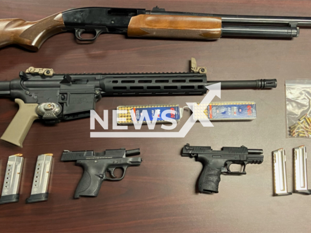 Image shows the weapons of Cedrick Paines, 66, of Severn, Maryland State, USA, undated photo. He was arrested after he licked a girl's ear while she was trick-or-treating on Halloween before following her home and pulling a gun on her mother at around 6.20pm on Oct. 31, 2023. Note: Licensed content. (Anne Arundel County Police/Newsflash)