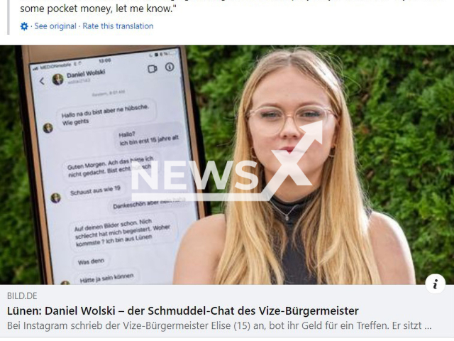 Picture shows the 18-year-old victim, undated. She filed a report in December 2020 after allegedly being messaged by deputy mayor of Luenen, Germany. Note: Image is a screenshot from post. (Newsflash)