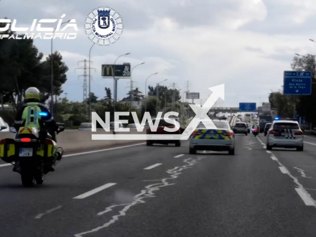 Photo shows the moment Municipal Police of Madrid is chasing a driver for 30 kilometers on Saturday, October 28, 2023. The man was arrested. Note: Picture is screenshot from a video. (Policia Municipal de Madrid/Newsflash)