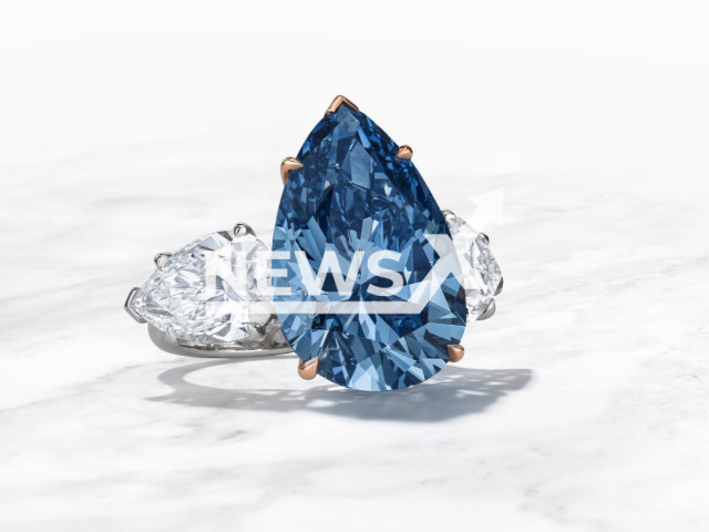 Photo shows Bleu Royal a 17.61 cts internally flawless fancy vivid blue diamond, undated. The diamond fetched USD 43.8 million at Christie's Auction.
Note: Licensed photo(Christie's Auction/Newsflash).