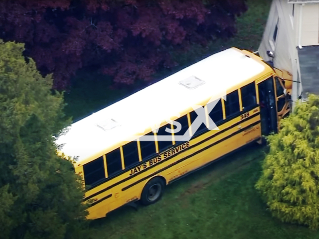 Photo shows a school bus that crashed into a house in Howell Township in New Jersey, USA, Tuesday, Nov. 7, 2023. The driver of the school bus was allegedly sleeping during the accident. Note: Picture is a screenshot from a video (Newsflash)