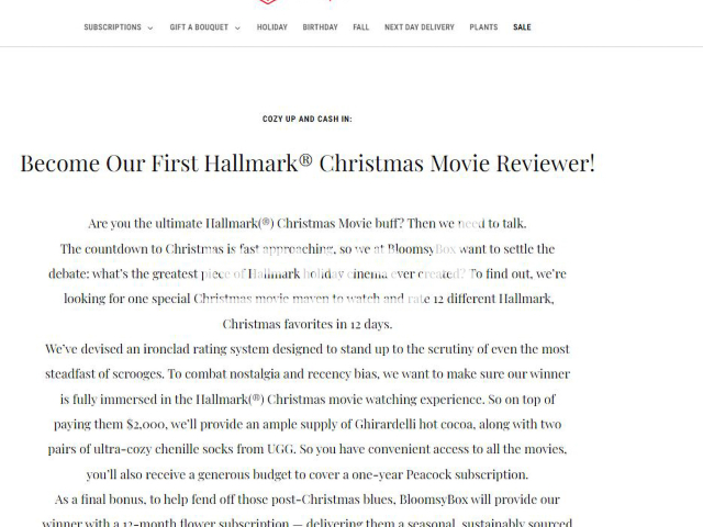 Picture shows the announcement for the competition, undated. BloomsyBox said the chosen candidate will also receive money and prizes to watch and rank 12 Hallmark holiday movies. Note: Photo is a screenshot from website. (Newsflash)