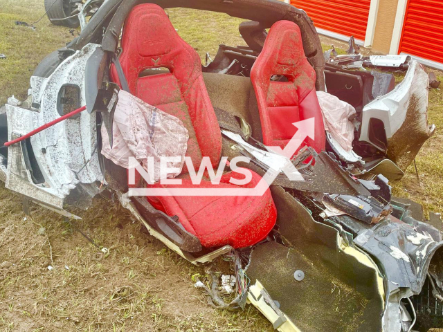 Photo shows the Corvette that crashed and burst apart in Florida on Saturday, November 18, 2023. The driver was injured after he was ejected 154 feet. Note: Licensed photo(@MCFR.FB/Newsflash).