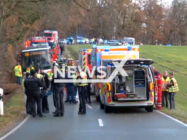 Photo shows the school bus after the accident in Middle Franconia near Cadolzburg on Monday, November 20, 2023. Ten children were injured.
Note: Photo is a screenshot from a video(Newsflash).