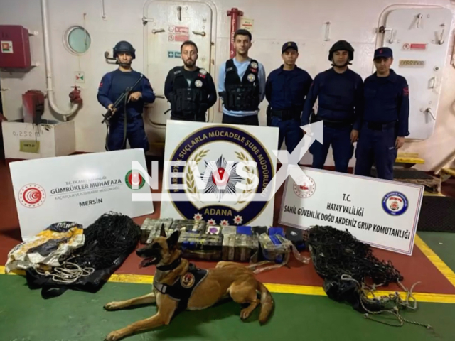 Photo shows scenes from an operation that took place on a Liberian-flagged dry cargo ship, Berge Torre, anchored off the coast of Adana, Turkey, undated. Over 50 kilogrammes of cocaine was seized from the ship. Note: Licensed photo (@AliYerlikaya/Newsflash)