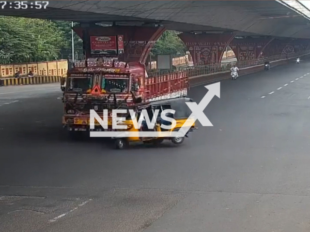 A vehicle carrying school children collides with a lorry in Visakhapatnam, India, Wednesday, Nov. 22, 2023. Several children were injured. Note: Picture is screenshot from a video. (Newsflash)