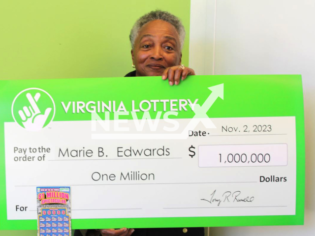 Marie Edwards poses with her check, undated.  She went to the CVS to pick up a prescription, and bought a 1 Million Spectacular and won the game’s USD 1 million (GBP 787,250) top prize. Note:  Virginia Lottery photo. ( Virginia Lottery/Newsflash)