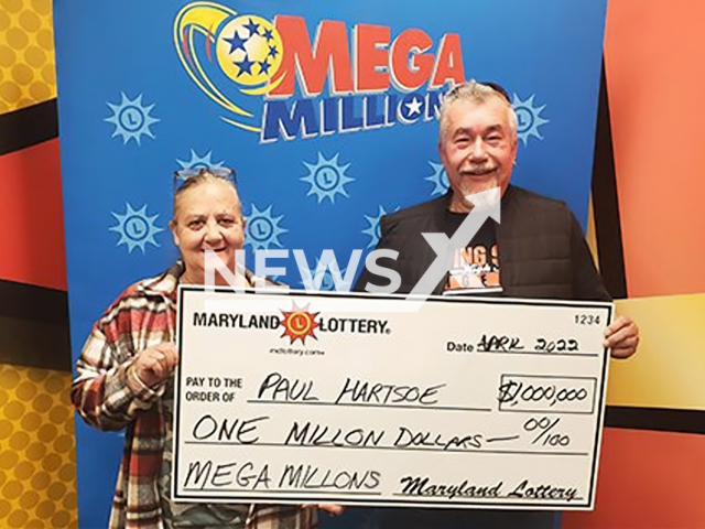 Paul (right) and Teresa Hartsoe (left) of Conowingo, Maryland, celebrate a $1 million Mega Millions win from the drawing on 12th of April 2022.
Note: Photo by Maryland Lottery(Maryland Lottery/Newsflash).