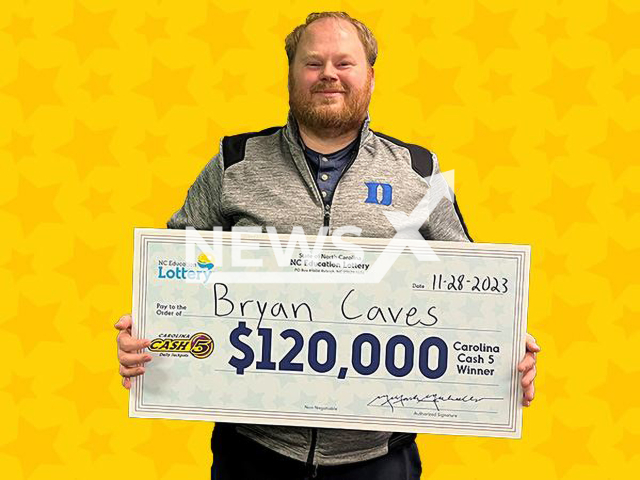 Photo shows Bryan Caves of Willow Spring, undated. The man called his wife immediately after winning $120,000 jackpot.
Note: Licensed photo(NC Education Lottery/Newsflash).