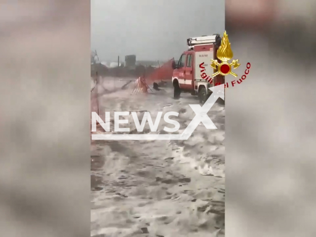 Fire fighters navigate floods caused by bad weather in Marina di Pisa, Italy, in December, 2023.  Due to storm surges and gusts of up to 112 km/h  firefighters had to intervene on several occasions to make some areas safe.

 
 Note: Picture is screenshot from a video. (@vigilidelfuoco/Clipzilla)