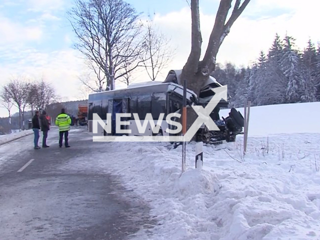 Photo shows the bus after the accident in Sehmatal, Germany, on Tuesday, December 05, 2023. Child died and 13 others are injured. Note: Photo is a screenshot from a video(Newsflash).