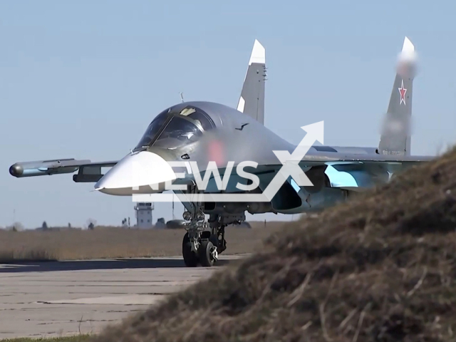 Russian Army using the Sukhoi Su-34 bombers launched an air strikes on fortified positions of the Armed Forces of Ukraine, in April, 2022. Note: Picture is a screenshot from a video (Ministry of Defence of the Russian Federation/Newsflash)