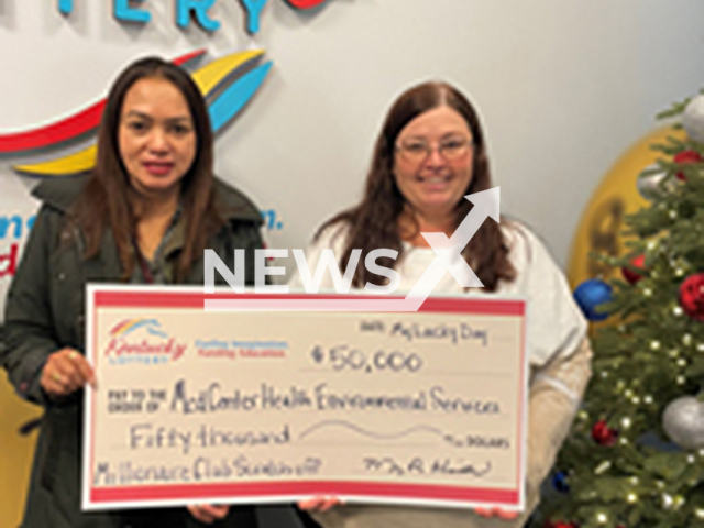 Photo shows Sheila Colter (right) from Med Center Health Environmental Services, undated. Kentucky coworkers split $50K Lottery prize won on tickets they received as gifts.
Note: Licensed photo(Kentucky Lottery/Newsflash).