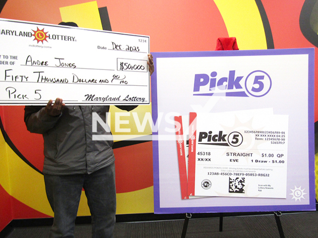 Photo shows Andre Jones of Baltimore, undated. The man combined his late mother’s favorite numbers and won   $50,000 Pick 5 prize.
Note: Licensed photo(Maryland Lottery/Newsflash).