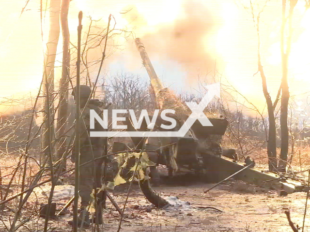 Russian Giatsint-B Large-Caliber Gun fire at Ukrainian military positions in the South Donetsk Direction in undated footage. The footage was released by the Russian MoD on Friday, Dec. 22, 2023. Note: Picture is screenshot from a video. (Russian Ministry of Defence/Newsflash)