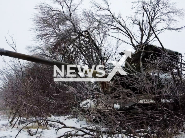 Russian Msta-S self-propelled guns fire at Ukrainian military positions Kupiansk direction in Ukraine in undated footage. The footage was released by the Russian MoD on Tuesday, Dec. 26, 2023. Note: Picture is screenshot from a video. (Russian Ministry of Defence/Newsflash)