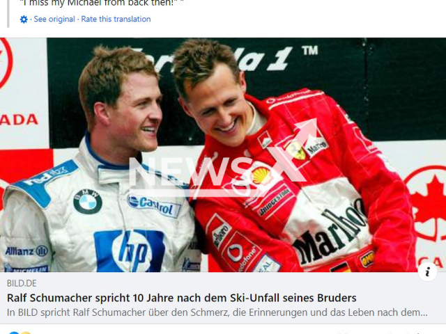 Formula 1 world champion Michael Schumacher (right) and his brother Ralf, undated. Michael fell badly in the French Alps and suffered severe head injuries. Note: Image is a screenshot from post. (Newsflash)