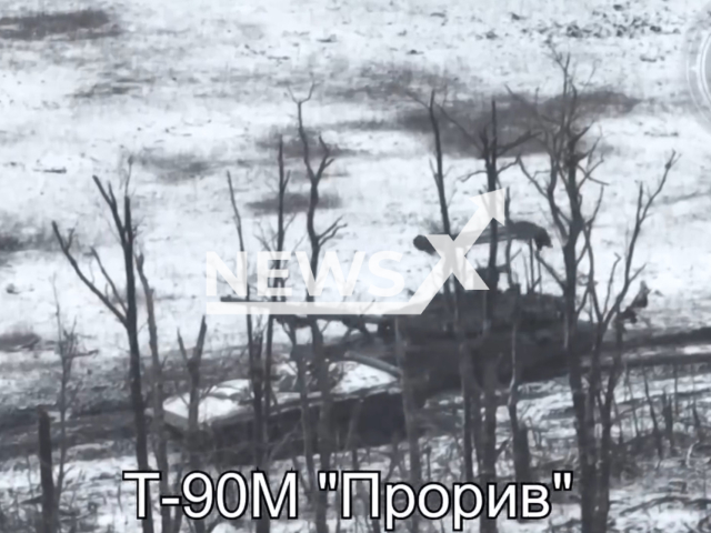 Ukrainian kamikaze drone hits Russian T-90 Tank in frontlines in Ukraine in undated footage. The footage was released by the 47th Separate Mechanized Brigadeon on Tuesday, Dec. 26, 2023. Note: Picture is screenshoot from a video. (47th Separate Mechanized Brigade/Newsflash)