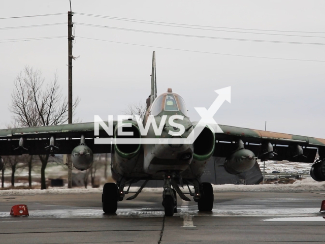 Russian Su-25 fighters fire missiles at Ukrainian military positions in Ukraine in undated footage. The footage was released by the Russian MoD on Wednesday, Dec. 27, 2023. Note: Picture is screenshot from a video. (Russian Ministry of Defence/Newsflash)