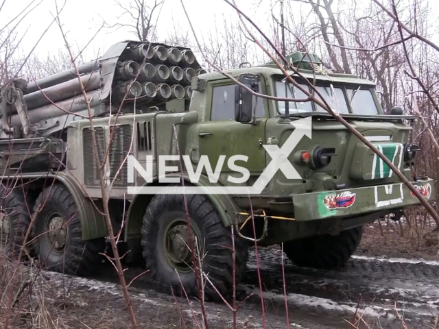 Russian Uragan multiple-launch rocket systems fire on AFU positions in Ukraine in undated footage. The footage was released by the Russian MoD on Thursday, Dec. 28, 2023.Note: Picture is screenshot from a video. (Russian Ministry of Defence/Newsflash)