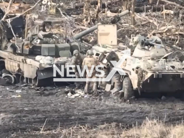 Ukrainian forces destroy Russian personnel carriers with soldiers on the frontlines in Ukraine in undated footage. The footage was released by the Ground forces of the Armed Forces of Ukraine on Thursday, Dec. 28, 2023. Note: Picture is screenshoot from a video (@landforcesofukraine/Newsflash)