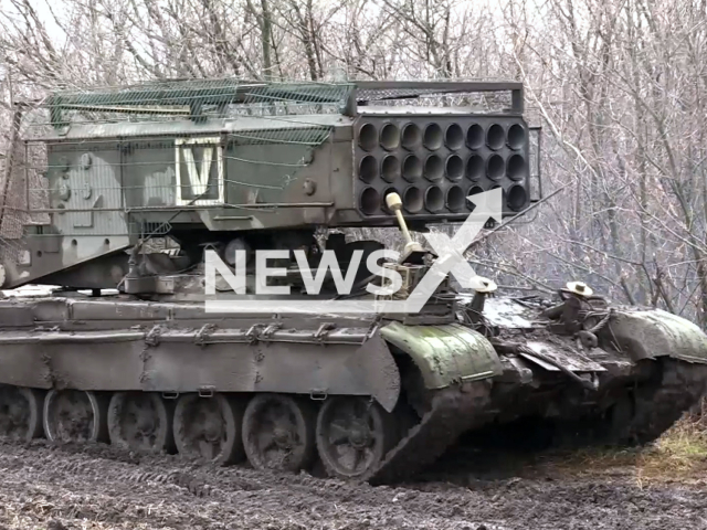 Russian Solntsepek heavy flamethrower system deploys to the firing positions at Ukrainian military in Vuhledar direction in Ukraine in undated footage. The footage was released by the Russian MoD on Tuesday, Jan. 1, 2024.
Note: Picture is screenshot from a video. (Russian Ministry of Defence/Newsflash)