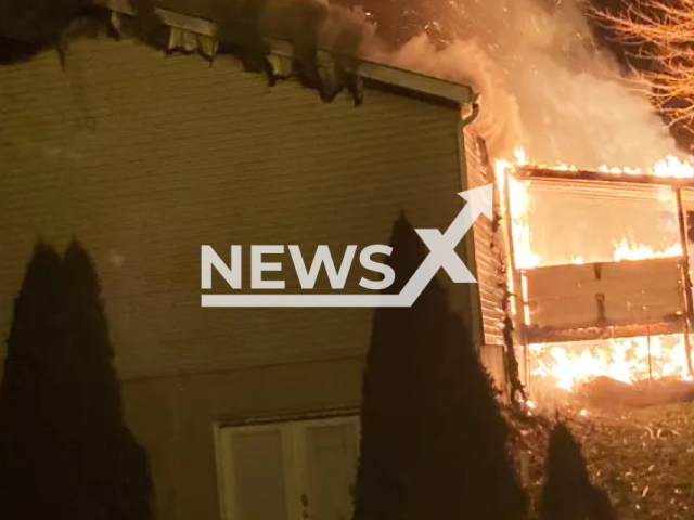 Picture shows the house on fire, undated. A pig apparently set a home on fire after it was provided with hay to stay warm in Slippery Rock, PA. Note: GoFundMe photo. (GoFundMe/Newsflash)