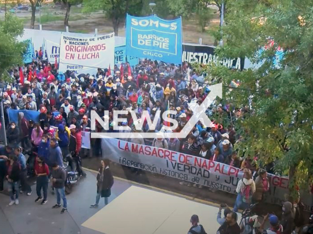 Crowds gathered outside the trial for the Napalpi massacre, in Resistencia, Argentina, on 19th April.
Note: Photo is a screenshot from video. (Newsflash)