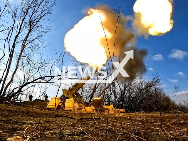 Russian airborne troops of “Msta-B” fire at the Ukrainian military positions near Zaporizhzhia in Ukraine in undated footage. The footage was released by the Russian MoD on Wednesday, Jan. 3, 2024.
Note: Picture is screenshot from a video. (Russian Ministry of Defence/Newsflash)