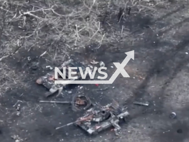 Russian soldiers run for their lives after being chased by the Ukrainian attack drones on the battlefield in Ukraine in undated footage. The footage was released by the TERRA aerial reconnaissance unit on Saturday, Jan. 6, 2024.Note: Picture is screenshot from a video. (@terraops/Newsflash)