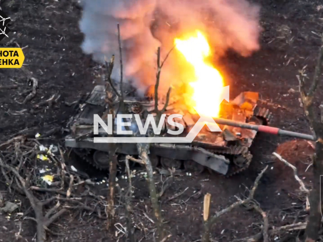 Ukrainian attack drone destroys Russian tank on the frontlines in Ukraine in undated footage. The footage was released by the 47th Separate Mechanized Brigade on Thursday, Jan. 11, 2024. Note: Picture is screenshot from a video. (@47mech_brigade/Newsflash)