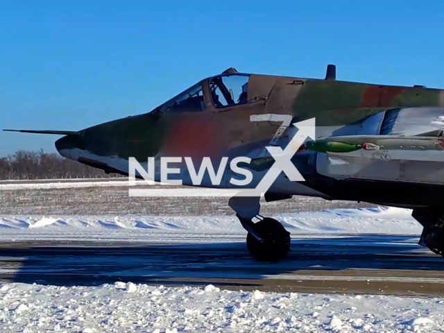 Russians Su-25 fire unguided missiles at Ukrainian military positions in the Donetsk region in undated footage. The footage was released by the Russian MoD on Sunday, Jan. 15, 2024. Note: Picture is screenshot from a video. (Russian Ministry of Defence/Newsflash)