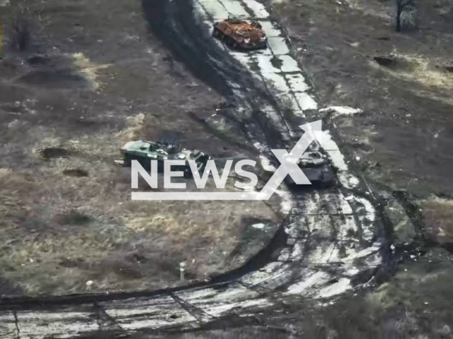 Ukrainian kamikaze drone destroys Russian moving tank in huge blast on the frontlines in Ukraine in undated footage. The footage was released by the Land Forces of the Armed Forces of Ukraine on Monday, Jan. 15, 2024. Note: Picture is screenshoot from a video (@landforcesofukraine/Newsflash)