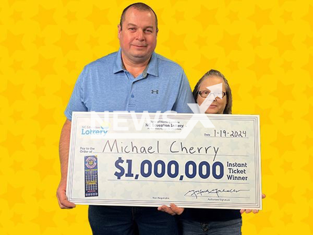 Picture shows Michael Cherry of Pink Hill, North Caroline, with wife, undated. He will use $1 million win to pay for daughter’s college. Note: Lottery photo. (NC Education Lottery/Newsflash)