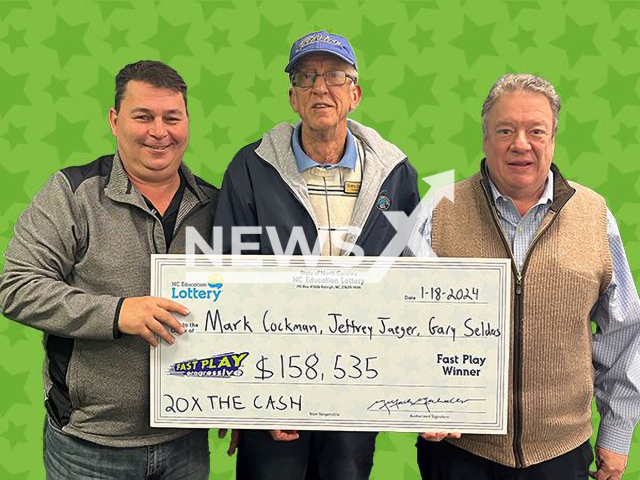 Photo shows Mark Cockman, Jeffrey Jaeger, and Gary Selders, undated. The Greensboro residents and friends won $158,535 jackpot together.
Note: Licensed photo(NC Education Lottery/Newsflash)