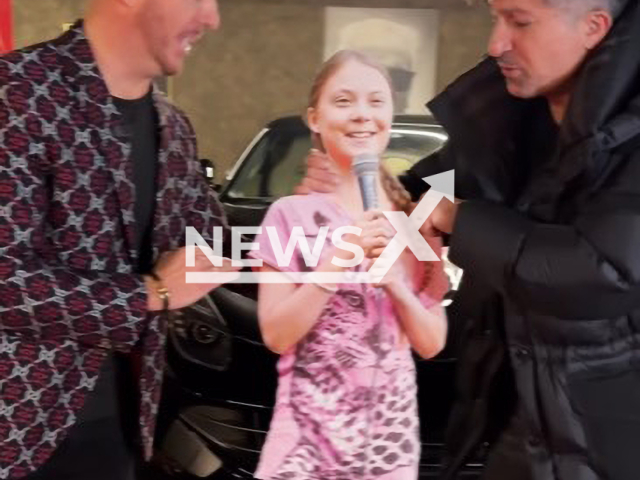 Lottery millionaire Chico mocks cardboard Greta Thunberg, undated. The man from the city of Dortmund in North Rhine-Westphalia, Germany won the lottery jackpot of EUR 9.9 million (GBP 8.7 million) in September 2022. Note: Image is a screenshot from video. (@chico_lottomillionaer/Newsflash)